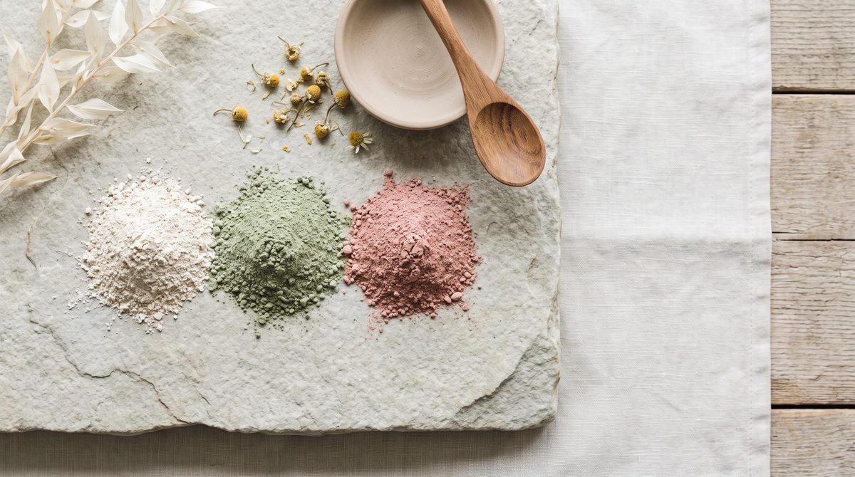 Tre mucchietti di polveri cosmetiche (bianco, verde, rosa) sono disposti su una lastra di pietra con fiori secchi, una ciotola e un cucchiaio di legno.