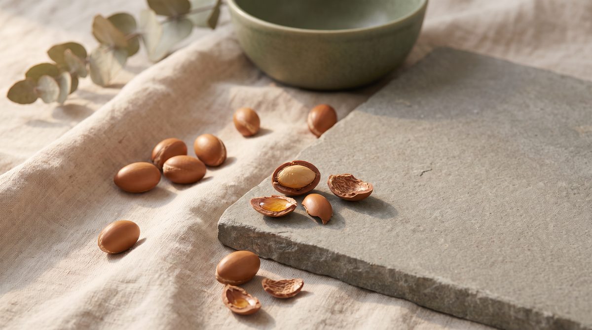 Noci di argan, alcune aperte con olio, disposte su una lastra di pietra e tessuto di lino, con una ciotola e foglie di eucalipto sullo sfondo.